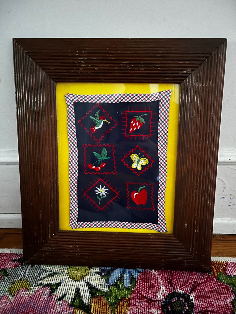 Vintage Framed folk art traditional embroidery quilting Cabin Decor Framed Bird